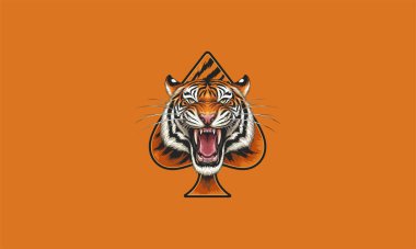 Fierce tiger head inside a spade symbol on an orange background. clipart