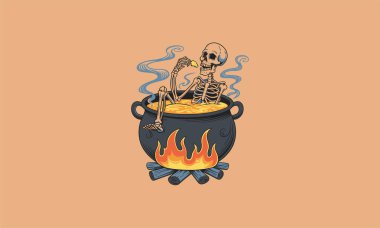 Skeleton sitting in a boiling cauldron over a fire, relaxed. clipart