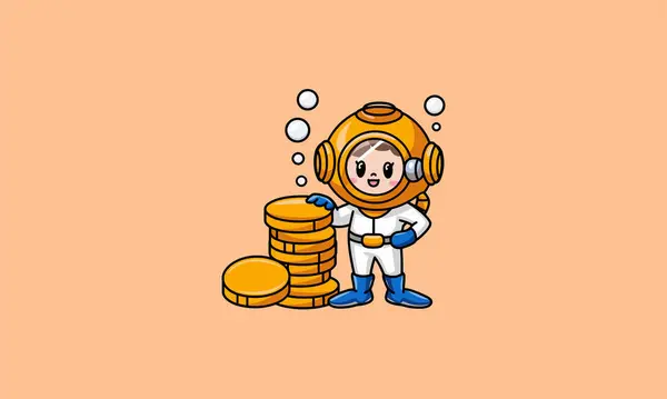 stock vector A diver poses with a large stack of golden coins.