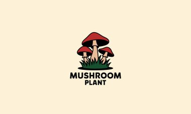 Mushroom logo design featuring three red mushrooms with simple elements. clipart