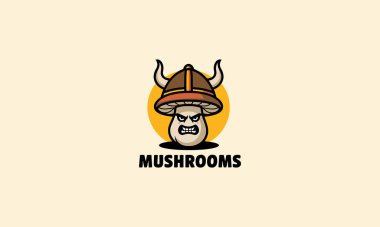 Angry mushroom warrior character with Viking helmet, logo design concept. clipart