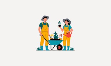 Couple gardening together, planting new plants, teamwork in farming activity. clipart