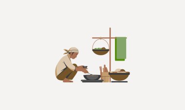 A man squatting, preparing food with traditional hanging baskets. clipart