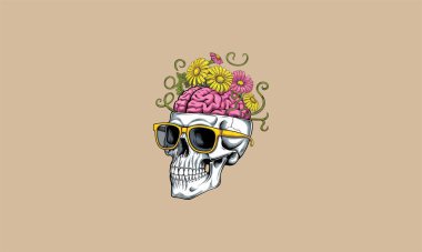 Skull with sunglasses, exposed brain, and flowers growing outward. clipart