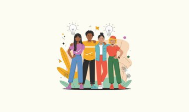 A group of four diverse friends standing together with ideas. clipart