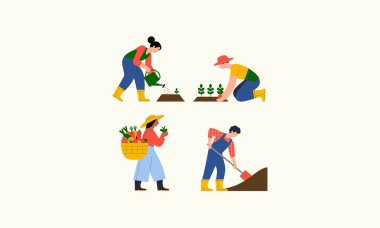 People gardening, planting, watering, and harvesting vegetables on a farm. clipart