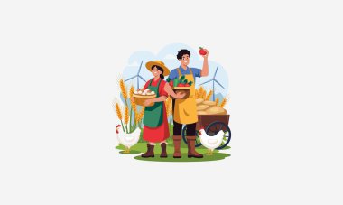 A farming couple holding vegetables in a crate with tools. clipart