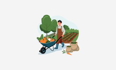 A farmer pushing a wheelbarrow full of fresh vegetables in the garden. clipart