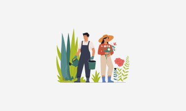 A man and woman gardening with flowers and watering plants. clipart