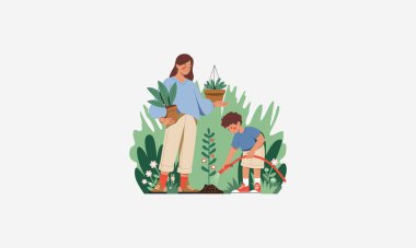 Mother and son gardening together, watering plants in backyard. clipart