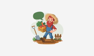 Happy farmer holding vegetable basket, standing with shovel in garden. clipart