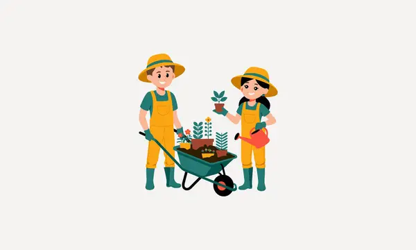 stock vector Couple gardening together, planting new plants, teamwork in farming activity.