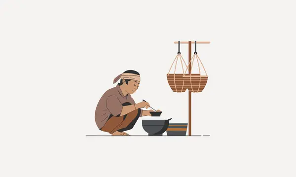 stock vector A man squatting, preparing food with traditional hanging baskets.