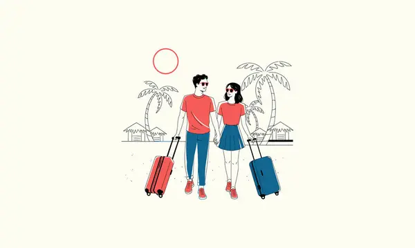 stock vector A couple walking with luggage on a tropical vacation destination.