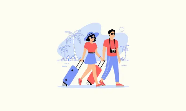 stock vector A couple walking with luggage on a tropical vacation destination.