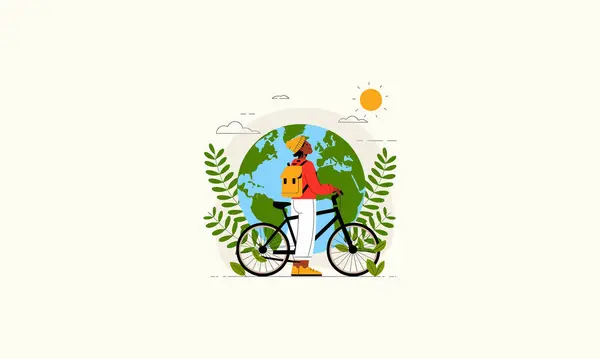 stock vector A person cycling outdoors with the Earth and nature in background.