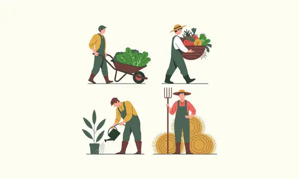 stock vector Farmers working, harvesting, watering, carrying vegetables, and tending crops outdoors.