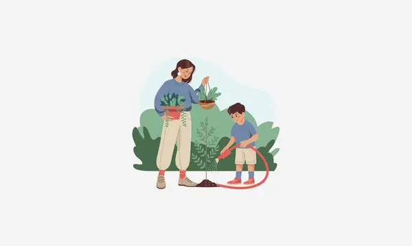 stock vector Mother and son gardening together, watering plants in backyard.