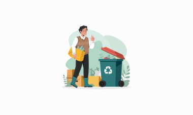 A person recycling bottles into a bin with a recycling symbol. clipart