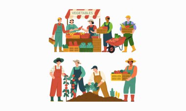 Farmers harvesting, sorting, and selling fresh vegetables at a market. clipart