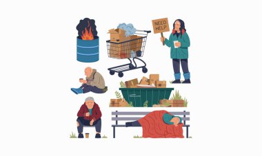 Various homeless people with signs, carts, and fire for warmth. clipart