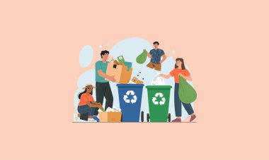 Group of people recycling trash into bins for environmental cleanup. clipart