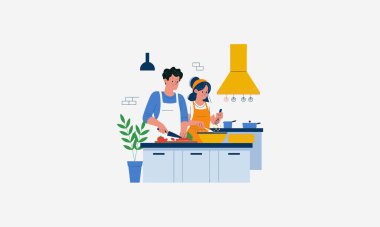 A couple cooking together in the kitchen, preparing a meal. clipart