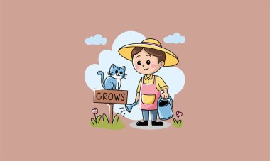 A young gardener waters plants with a cat beside him. clipart