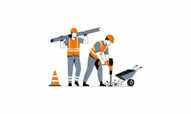 This vector shows two construction workers in safety gear working together. clipart