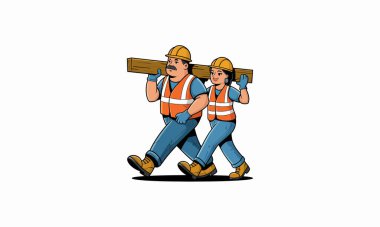 This vector shows two construction workers carrying a wooden beam together. clipart