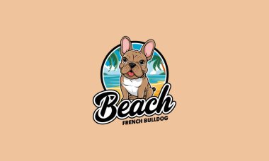 French Bulldog beach logo with tropical background and palm trees clipart