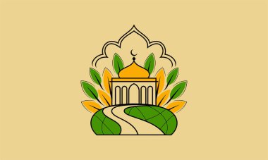 Illustrated mosque with green leaves and crescent moon clipart