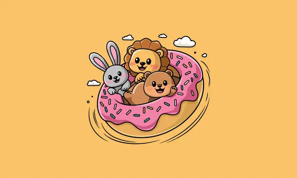 stock vector Cartoon lion, rabbit, and bear having fun in a giant donut