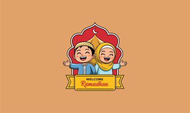 Happy children welcoming Ramadhan with mosque background clipart