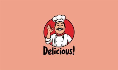 Smiling chef with mustache gives OK sign and says Delicious clipart