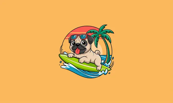 stock vector Cool pug surfing with sunglasses on a tropical wave