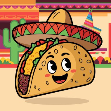 Cheerful taco mascot with sombrero in Mexican setting. clipart