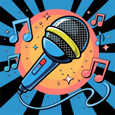 Colorful microphone with music notes and burst background. clipart