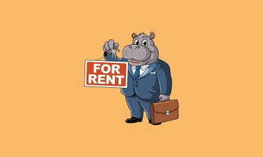 Hippo realtor in a suit holding a For Rent sign clipart