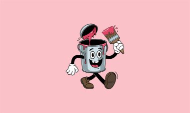 Happy paint can character holding a brush and walking