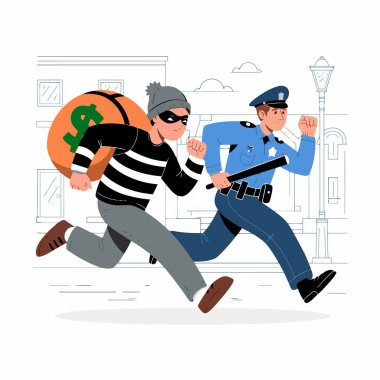 Thief running from a determined police officer. clipart