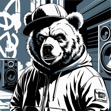 Cool bear in streetwear with speakers and graffiti. clipart