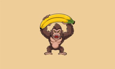 Angry gorilla holding a giant banana over its head. clipart