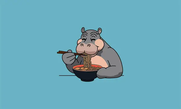 Stock vector Cartoon hippo happily eating noodles with chopsticks.