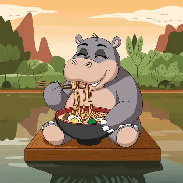 stock vector Cartoon hippo sitting on a raft, happily eating noodles with chopsticks in a serene nature setting.