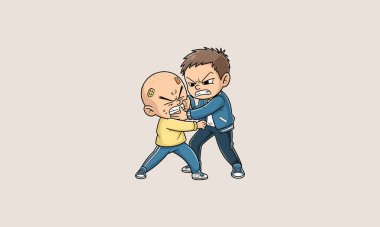 Cartoon boys fighting, one grabbing the other face. clipart