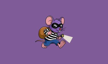 Cartoon thief rat sneaking with a flashlight and a sack. clipart