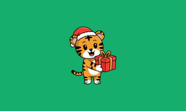 Cartoon tiger with Santa hat holding gift clipart