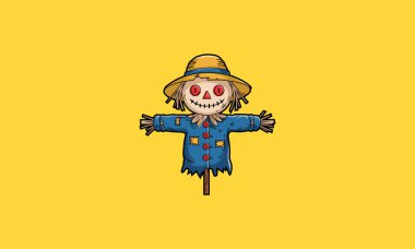 Cute scarecrow with button eyes in a colorful outfit. clipart