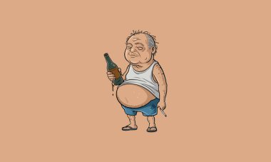 Elderly man with a beer bottle and cigarette, looking tired. clipart